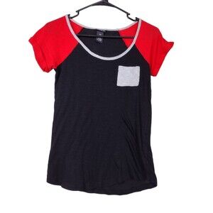 Rue21 Junior XS Shirt Stretch Pullover Blue Red Gray Sheer Round Neck